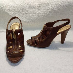 Antonio Melani Brown Leather Slingback Heels Gold Zipper Detail Women’s Size 10M